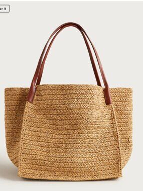 Woven Straw Tote Bag with Brown Leather Handles